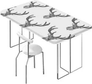 White and Black Elastic Tablecloth for Indoors Outdoors Artistic Abstract Deer Skull Tablecloth Fitted Table Cloth Rectangle Table,for 4 Foot Tables Antler