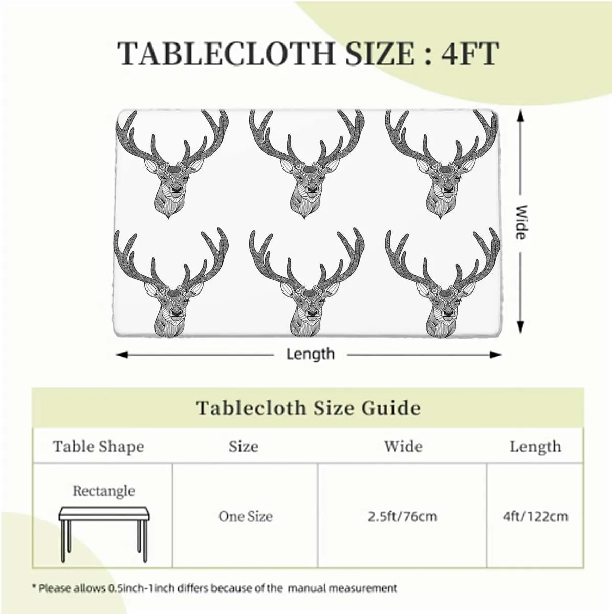 White and Black Elastic Tablecloth for Indoors Outdoors Artistic Abstract Deer Skull Tablecloth Fitted Table Cloth Rectangle Table,for 4 Foot Tables Antler