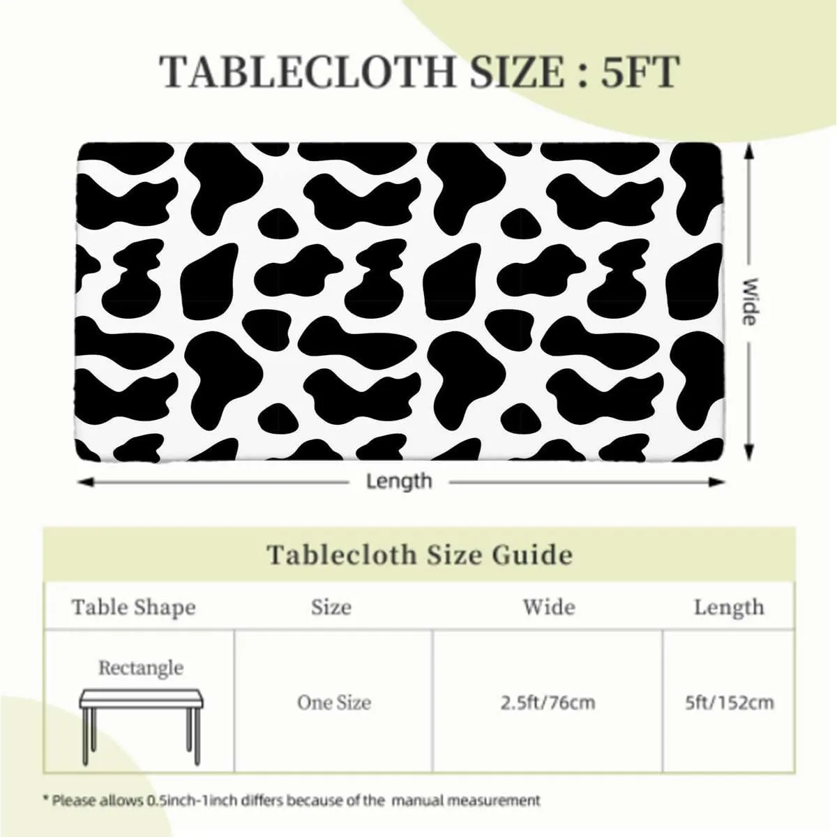 White Black Rectangle Table Cloth Cover, with Black Spots Farm Life Cattle Camouflage Rectangular Fitted Picnic Folding Table Cover Outdoor tablecloths Cow Print Fits up 5 Foot Tables