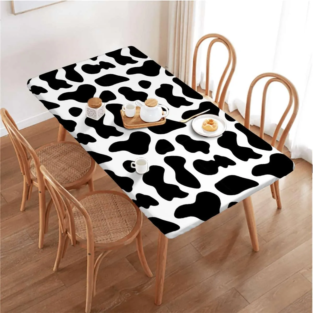 White Black Rectangle Table Cloth Cover, with Black Spots Farm Life Cattle Camouflage Rectangular Fitted Picnic Folding Table Cover Outdoor tablecloths Cow Print Fits up 5 Foot Tables