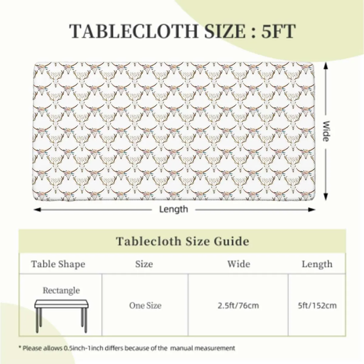 White Brown Elastic Edged Table Covers Artistic Abstract Deer Skull Waterproof Table Cloths for Kitchen Holiday Party Outdoor Picnic Antler Fits up 5 Foot Tables