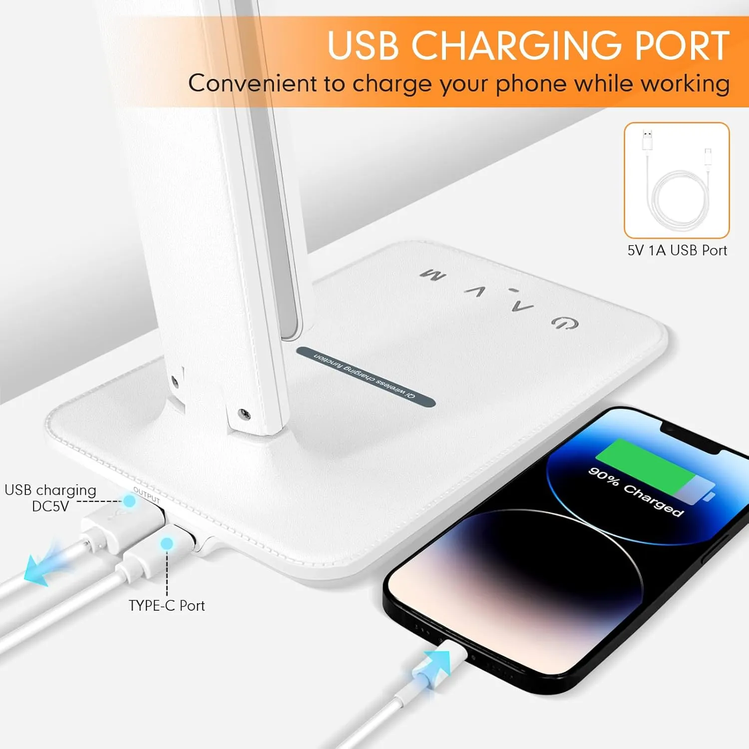 White crown LED Desk Lamp with 15W Wireless Charger & USB Port, Dimmable Table Lamp with 5 Lighting Modes, Sensitive Touch Control, Foldable & Portable Desk Light for Home, Office, Bedroom, Reading
