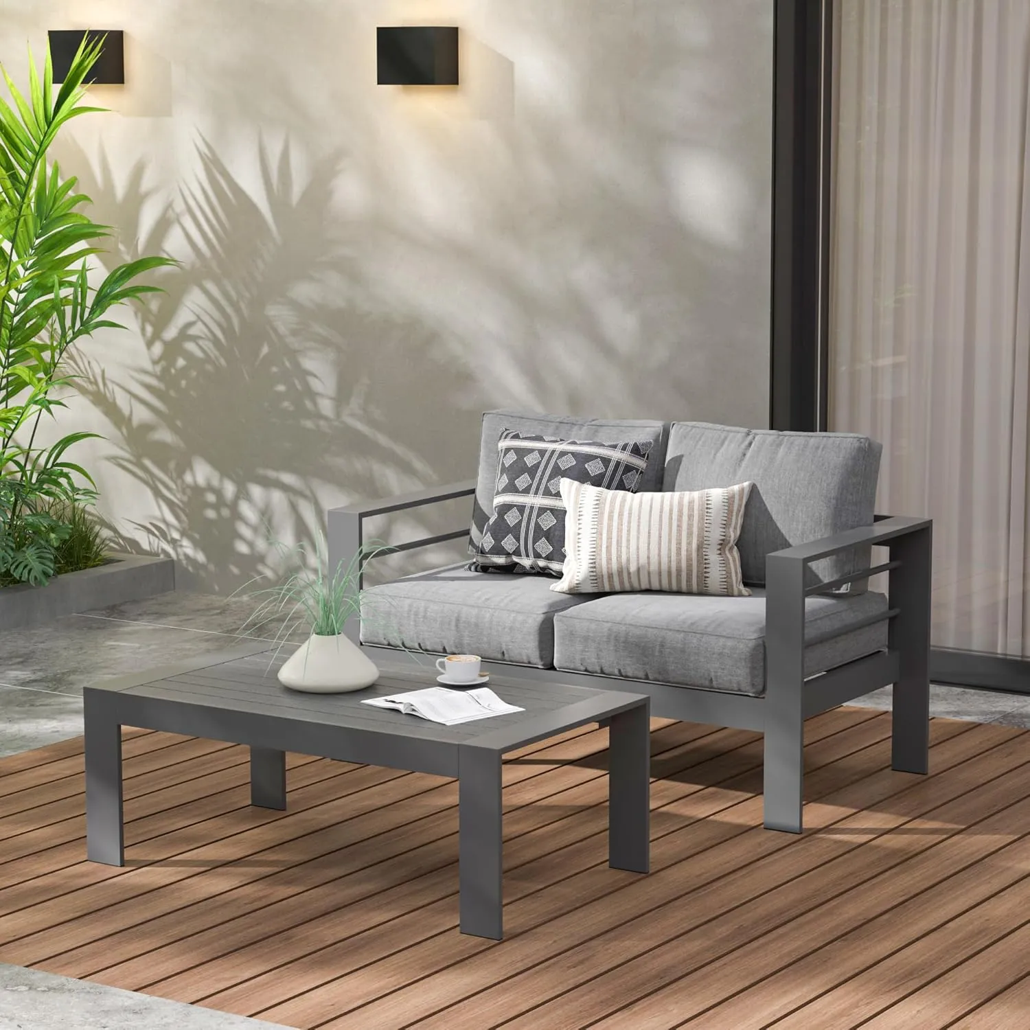 Wisteria Lane Aluminum Outdoor Patio Furniture Coffee Table, All-Weather Outdoor Metal Coffee Table, Modern Rectangle Coffee Table for Balcony, Garden, Dark Grey