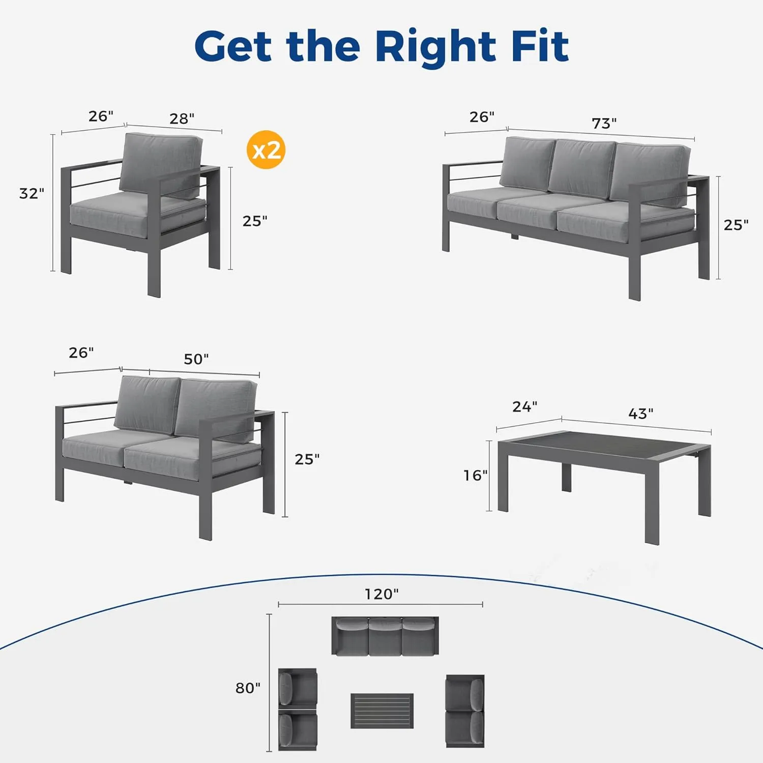 Wisteria Lane Aluminum Outdoor Patio Furniture Set,7 Seats Modern Patio Conversation Sets, Outdoor Sectional Metal Sofa with 5 Inch Cushion and Coffee Table for Balcony, Garden, Dark Grey
