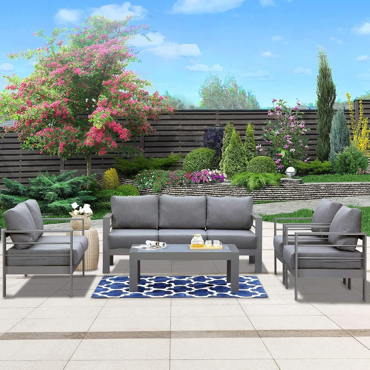 Wisteria Lane Aluminum Outdoor Patio Furniture Set,7 Seats Modern Patio Conversation Sets, Outdoor Sectional Metal Sofa with 5 Inch Cushion and Coffee Table for Balcony, Garden, Dark Grey