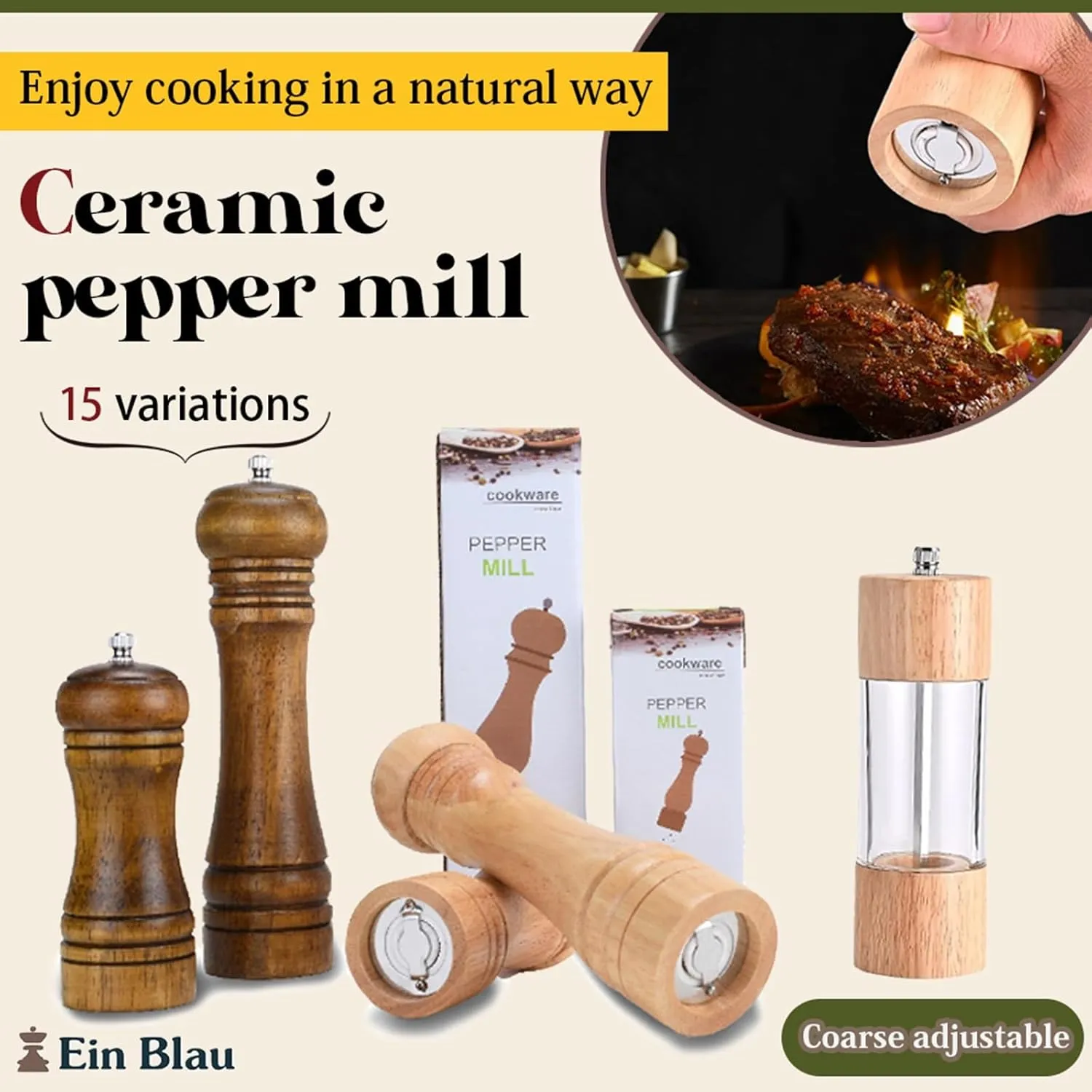 Wooden Pepper Mill or Salt Mill - Ceramic Blades and Adjustable Coarseness, Best Refillable Multi-Purpose Grinder for Salt, Pepper, Spice, Herb, Sesame Seed (8.6" Vintage   Oak)