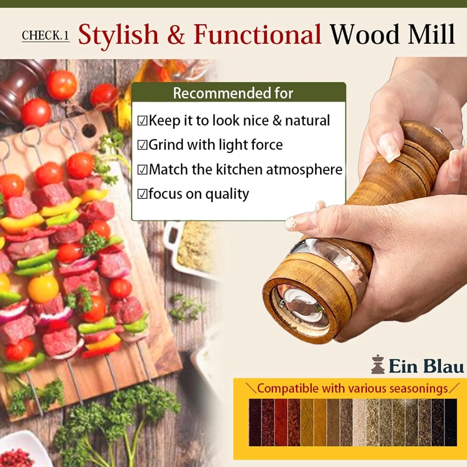 Wooden Pepper Mill or Salt Mill - Ceramic Blades and Adjustable Coarseness, Best Refillable Multi-Purpose Grinder for Salt, Pepper, Spice, Herb, Sesame Seed (8.6" Vintage   Oak)