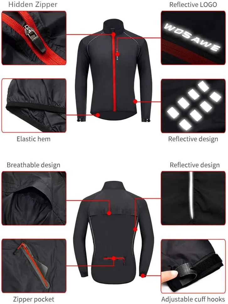 WOSAWE Men's Cycling Wind Jacket Reflective Ultralight Windbreaker