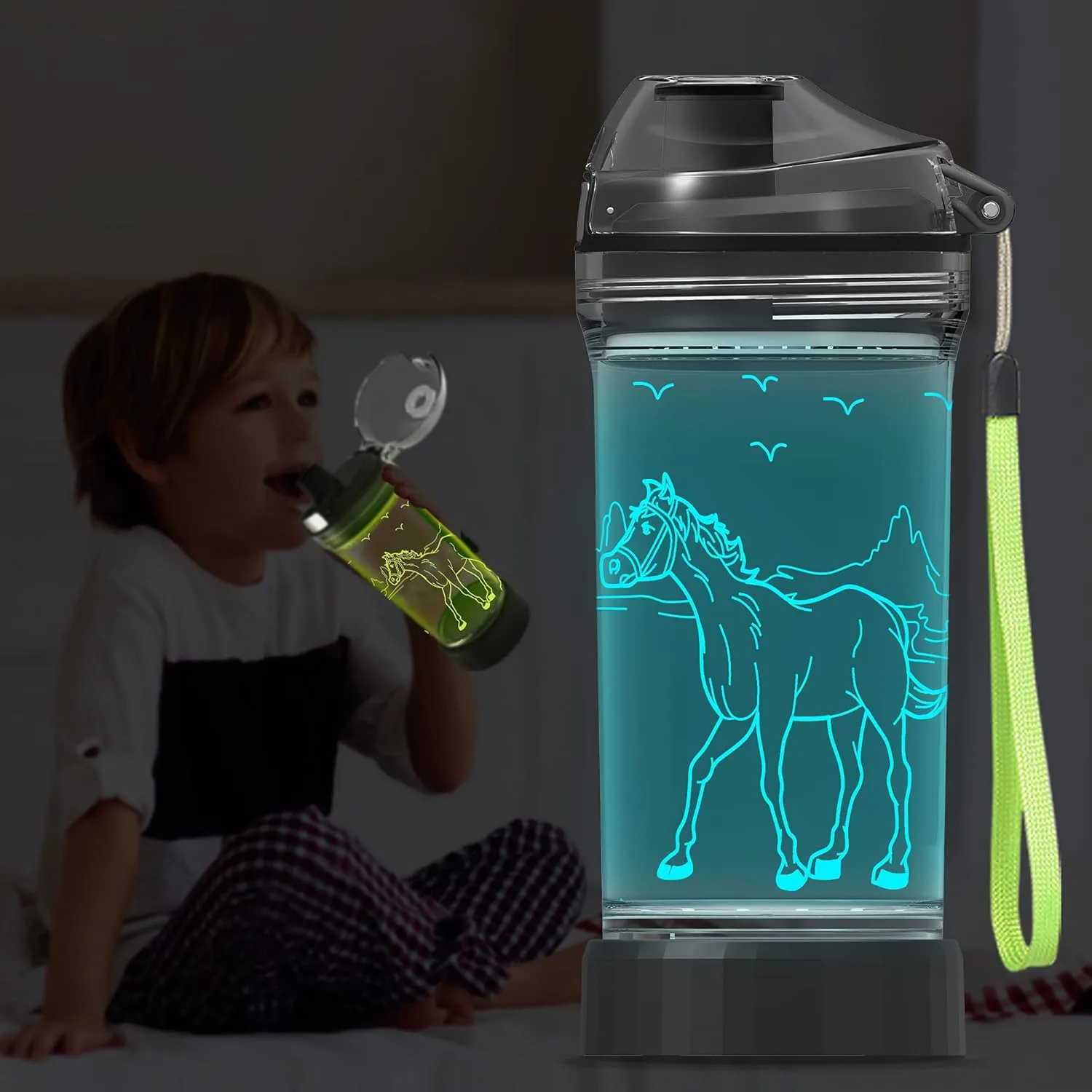 YuanDian Light Up Kids Water Bottle with 3D Horse Design- 14 OZ Tritan BPA Free - Cool Drinking Cups Gift for School Kindergarten Boys and Girls