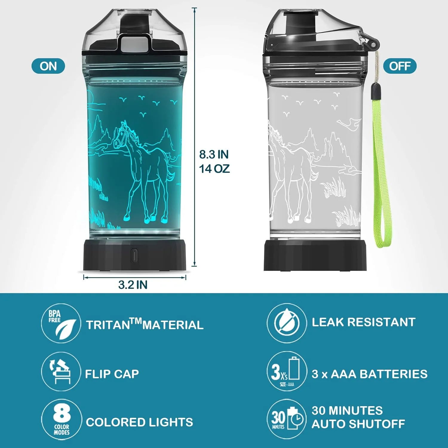 YuanDian Light Up Kids Water Bottle with 3D Horse Design- 14 OZ Tritan BPA Free - Cool Drinking Cups Gift for School Kindergarten Boys and Girls