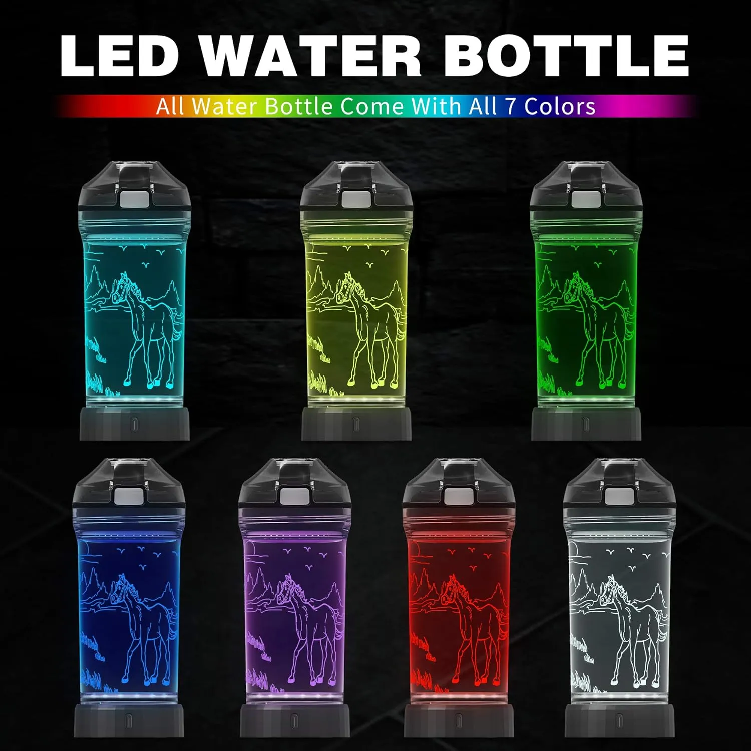 YuanDian Light Up Kids Water Bottle with 3D Horse Design- 14 OZ Tritan BPA Free - Cool Drinking Cups Gift for School Kindergarten Boys and Girls