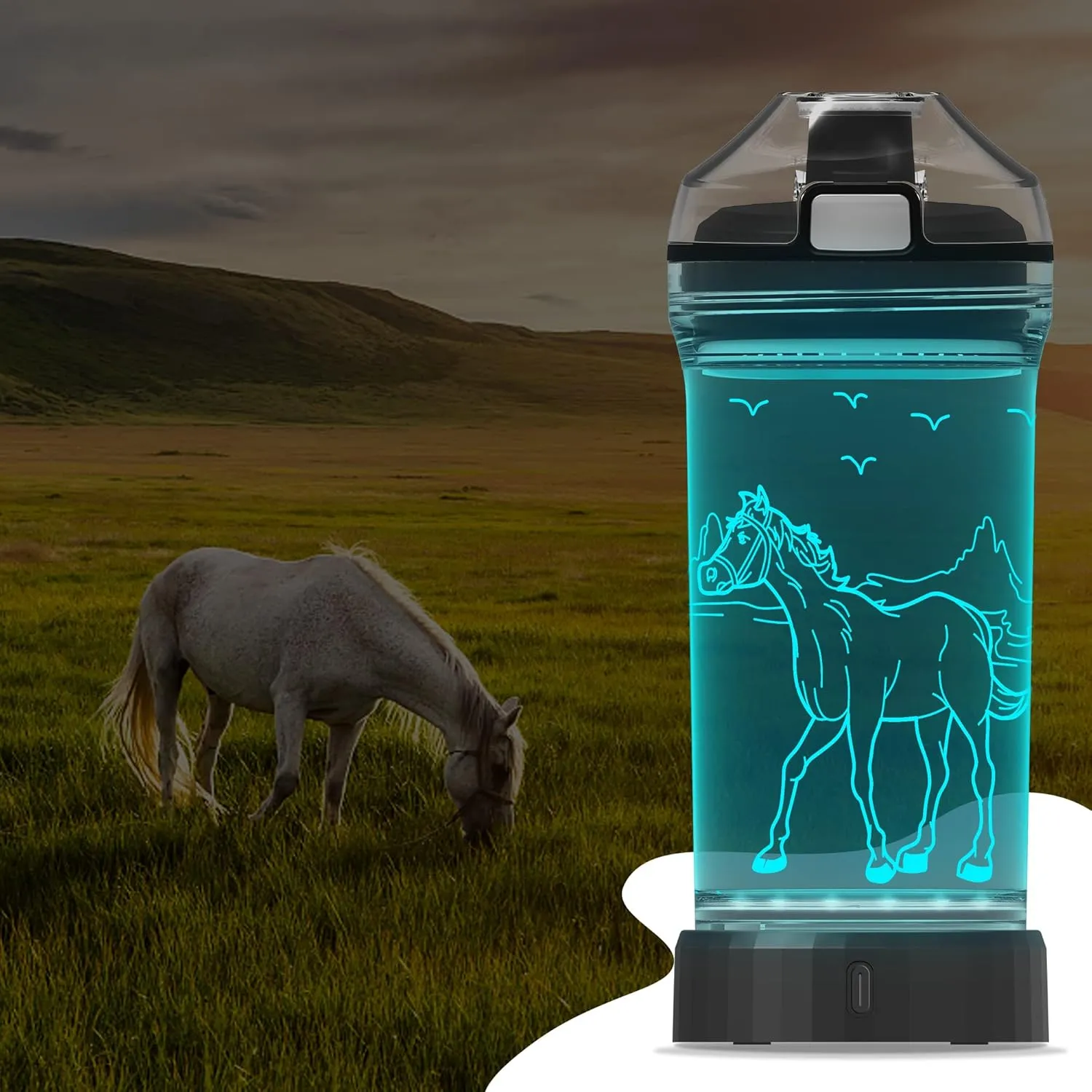 YuanDian Light Up Kids Water Bottle with 3D Horse Design- 14 OZ Tritan BPA Free - Cool Drinking Cups Gift for School Kindergarten Boys and Girls