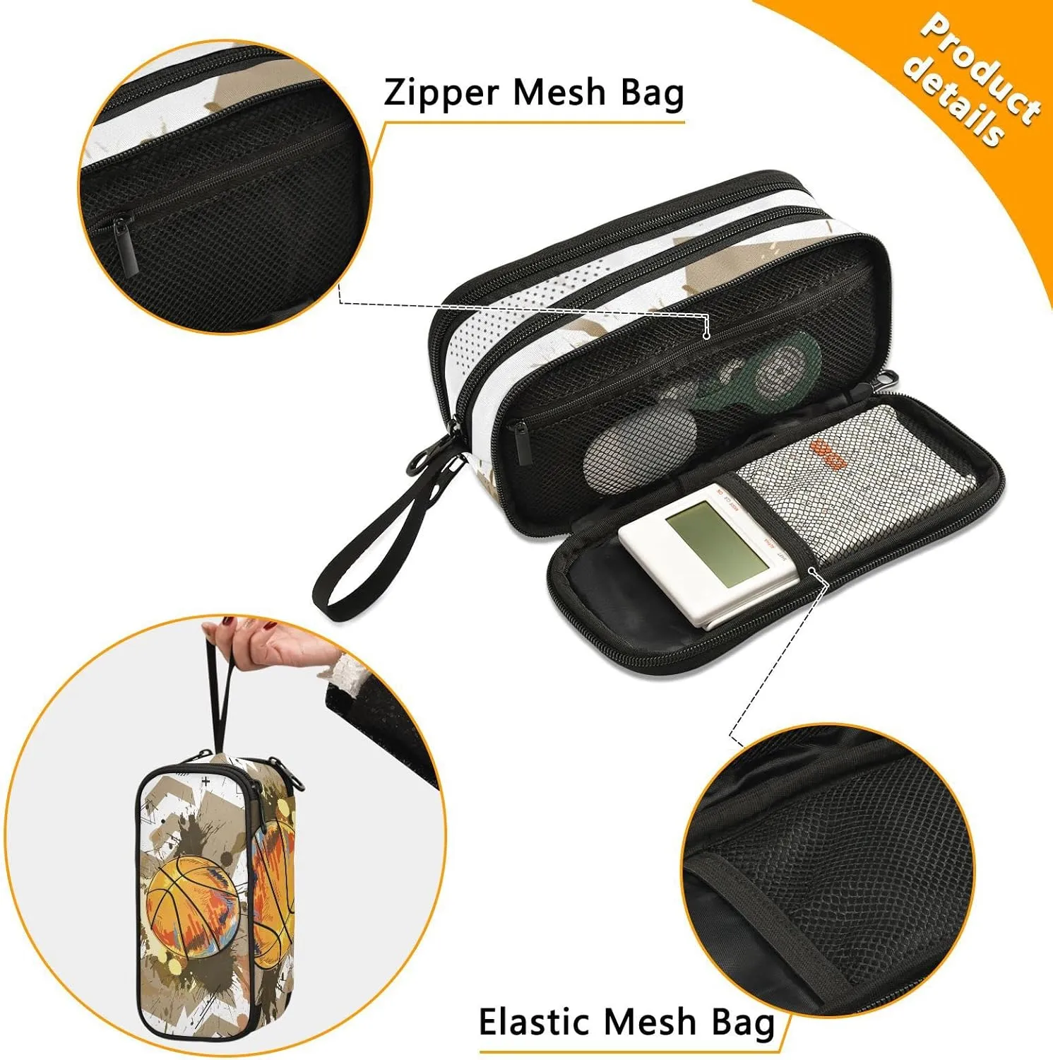 ZAZYXTJ Basketball Large Capacity Pencil Case 3 Compartment Pen Pouch Storage Canvas Makeup Bag for School Office Teen Girl Boy Men Women