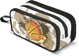 ZAZYXTJ Basketball Large Capacity Pencil Case 3 Compartment Pen Pouch Storage Canvas Makeup Bag for School Office Teen Girl Boy Men Women