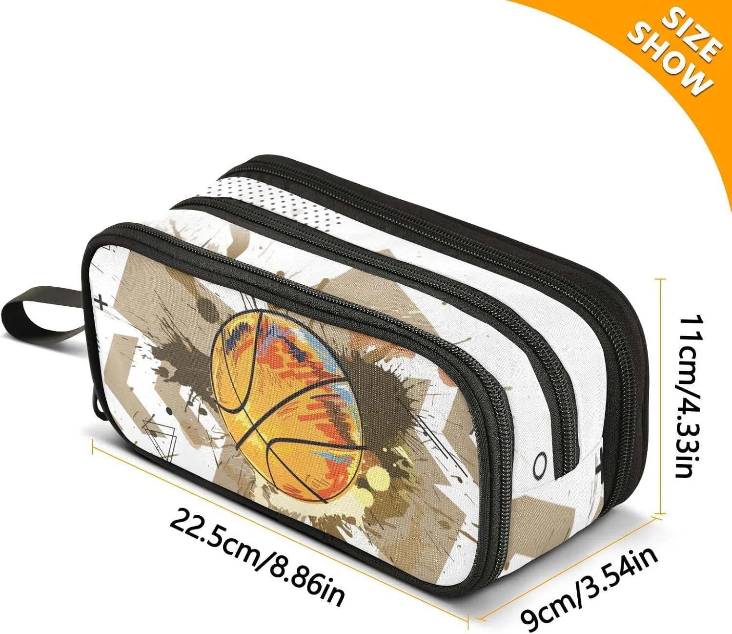 ZAZYXTJ Basketball Large Capacity Pencil Case 3 Compartment Pen Pouch Storage Canvas Makeup Bag for School Office Teen Girl Boy Men Women