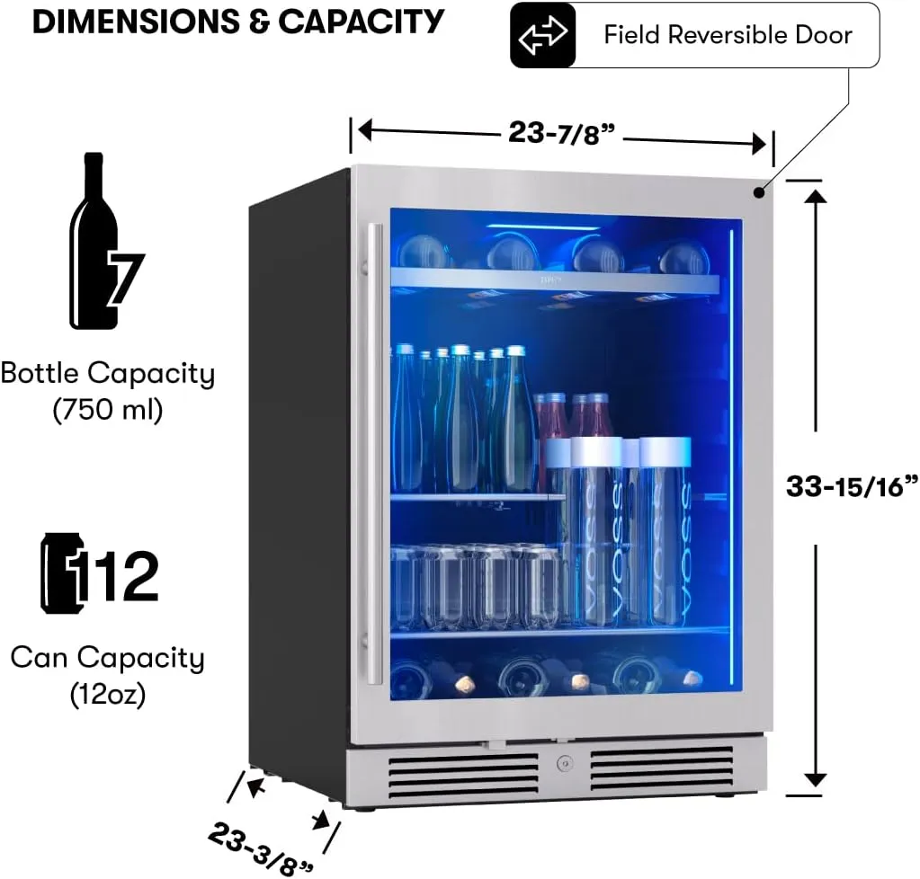 Zephyr Presrv 24 Inch Beverage and Wine Fridge Single Zone Under Counter, Built-in Drink Refrigerator, 7 Bottles, 108 x12oz Cans (Single-Zone Wine & Beverage Cooler)