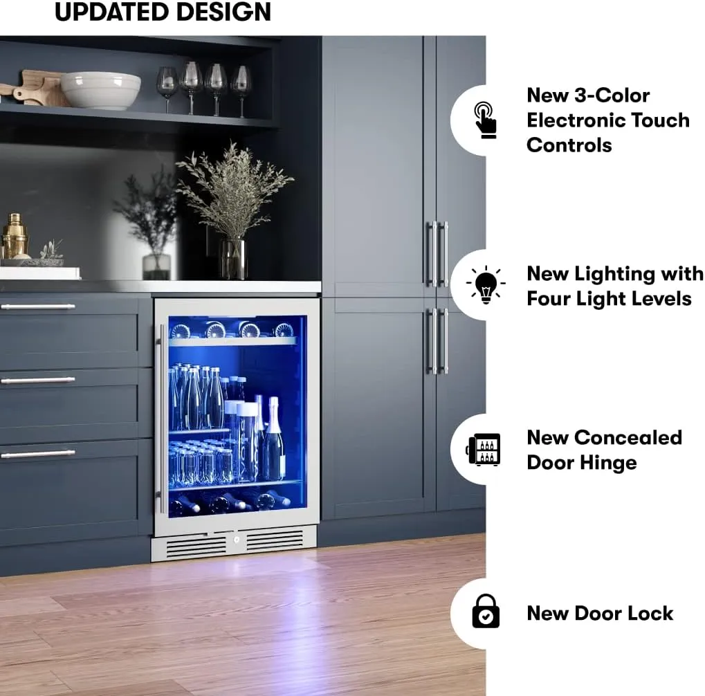 Zephyr Presrv 24 Inch Beverage and Wine Fridge Single Zone Under Counter, Built-in Drink Refrigerator, 7 Bottles, 108 x12oz Cans (Single-Zone Wine & Beverage Cooler)