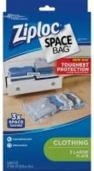 Ziploc 3CT LG FLT Space Bag - Clear, Rectangular, Watertight, Up to 24 lbs, Clothing, Large, 2.3 x 5.9 x 12.2 inches