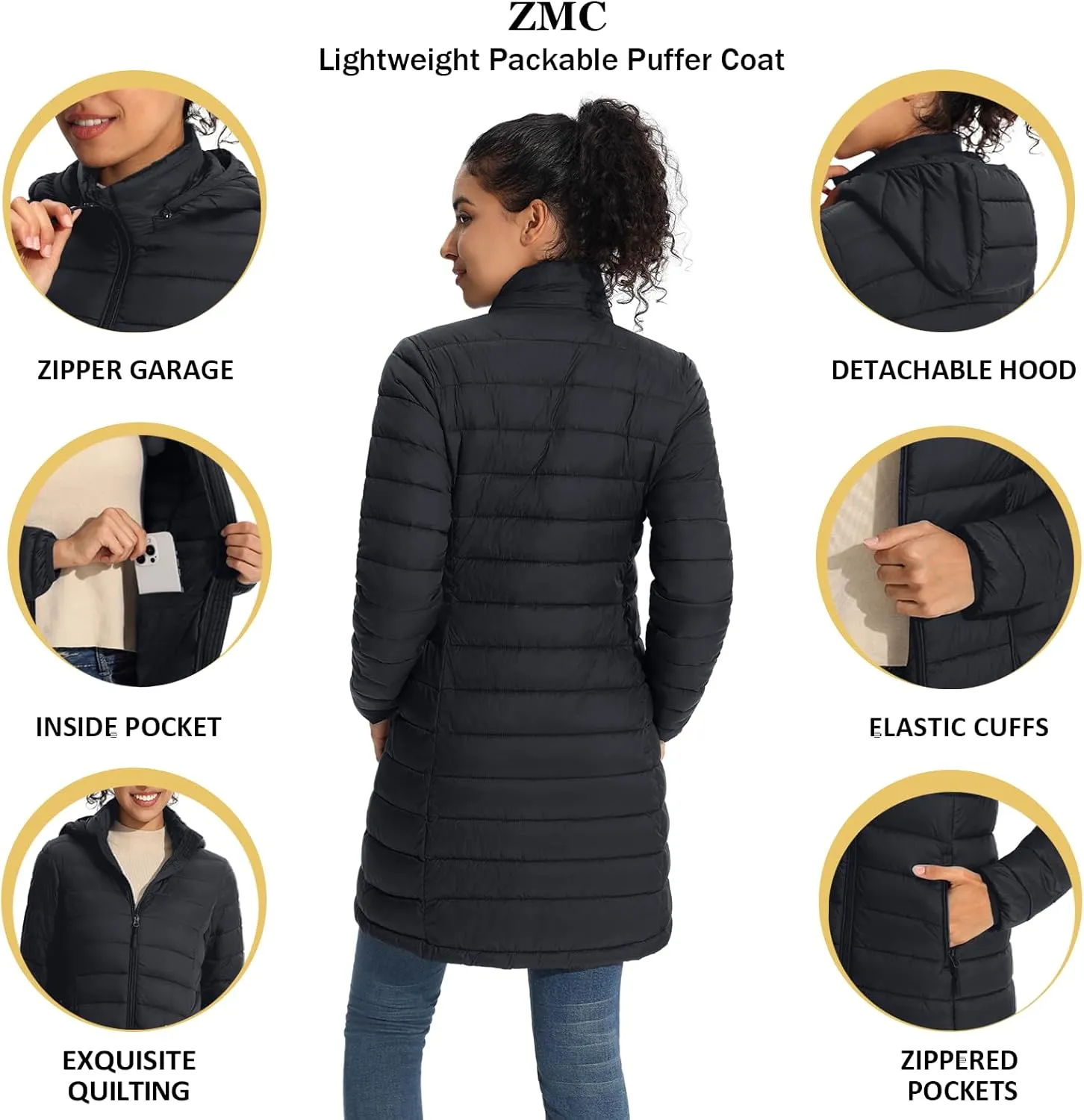 ZMC Packable Women Puffer Coat, Lightweight Water-Resistant Puffer Jacket Detachable Hood Slim-Fit Winter Coat for Women