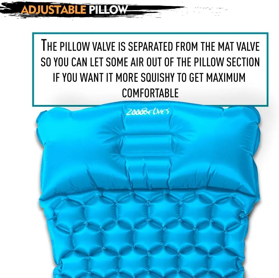 ZOOOBELIVES Ultralight Sleeping Pad with Pillow– Inflatable Camping Mat for Backpacking, Traveling and Hiking, Compact and Portable Multiple Color Options