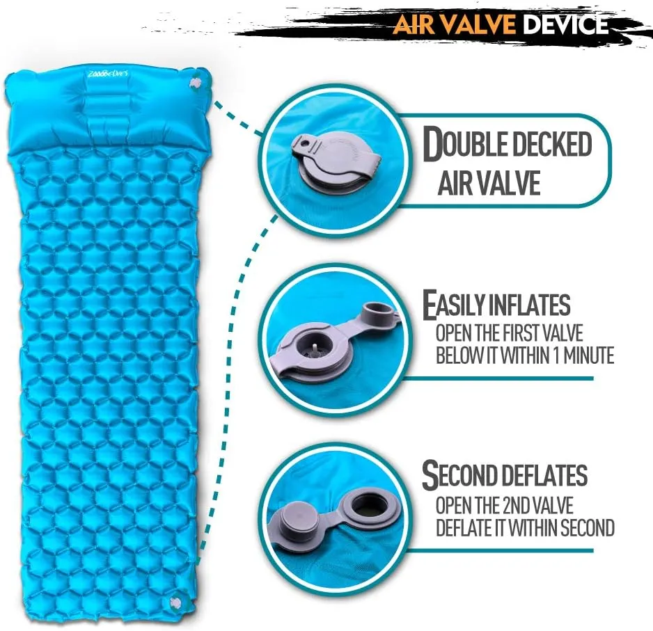 ZOOOBELIVES Ultralight Sleeping Pad with Pillow– Inflatable Camping Mat for Backpacking, Traveling and Hiking, Compact and Portable Multiple Color Options